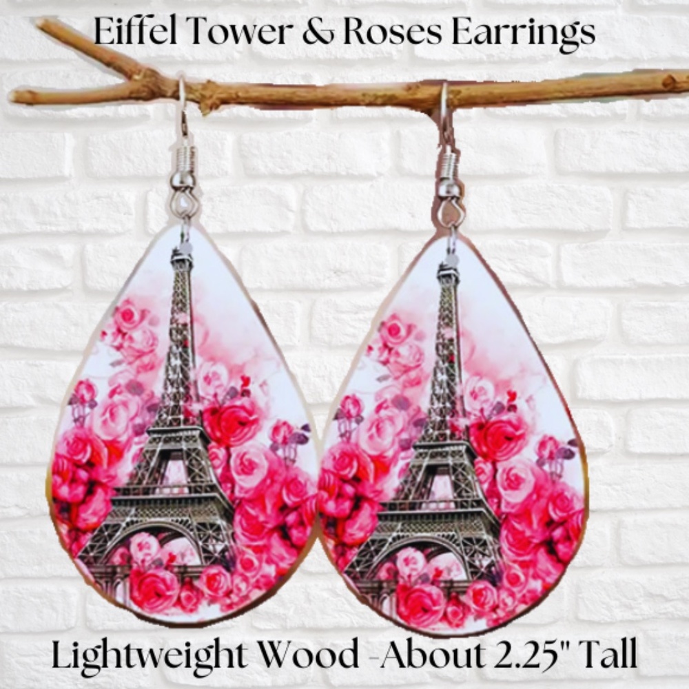 Teardrop Earrings - Eiffel Tower and Roses on Lightweight Wood - New With Tags